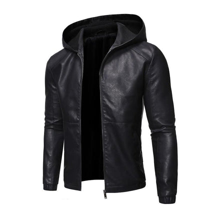 Stevvex black faux leather bomber jacket with hood, slim fit men's motorcycle coat on Tampa Home & Garden Store