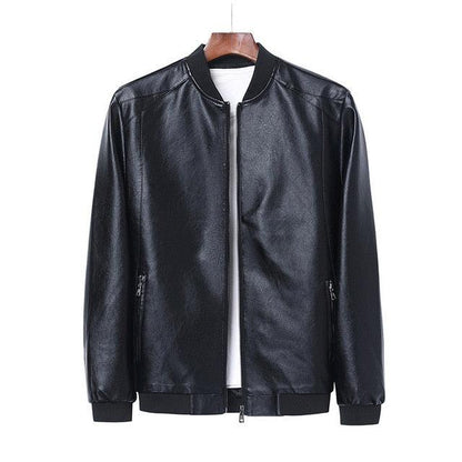 Stevvex men's black faux leather bomber jacket with zip front and pockets on Tampa Home & Garden Store