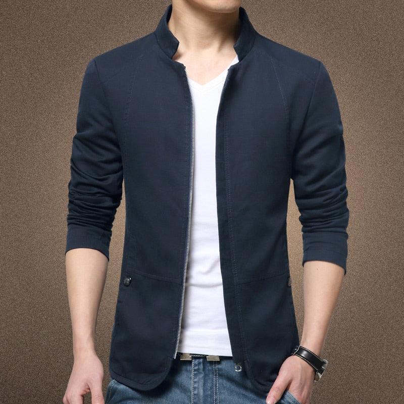 Men's black lightweight cotton jacket with zip front, slim fit, stand collar on Tampa Home & Garden Store