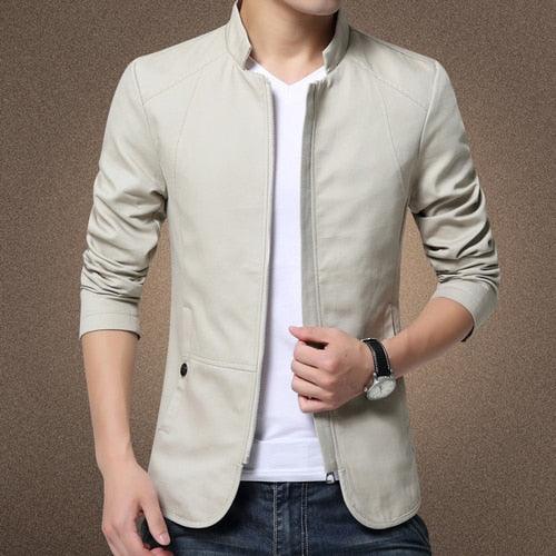 Stevvex men's lightweight beige cotton jacket with stand collar, slim fit, zip front on Tampa Home & Garden Store