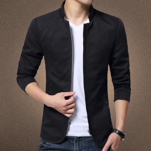 Stevvex black men's lightweight cotton jacket, slim fit with front zipper and stand collar on Tampa Home & Garden Store