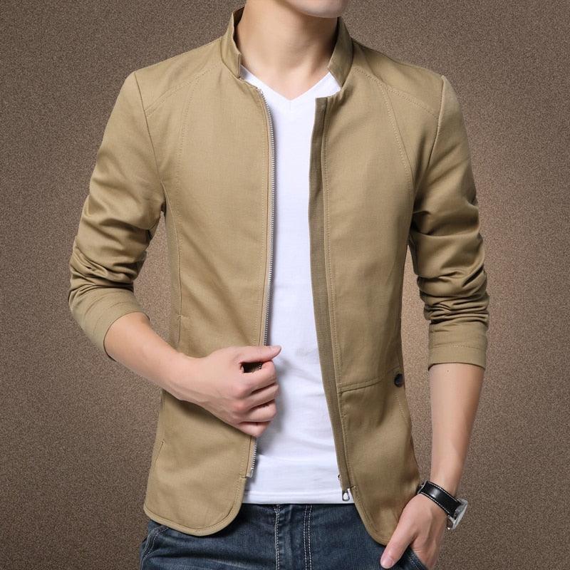 Stevvex men's lightweight cotton jacket tan, zip-front, slim fit, stand collar casual coat on Tampa Home & Garden Store