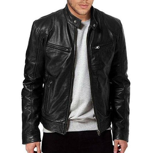 Stevvex black PU leather motorcycle jacket with zip front chest pocket slim fit on Tampa Home & Garden Store