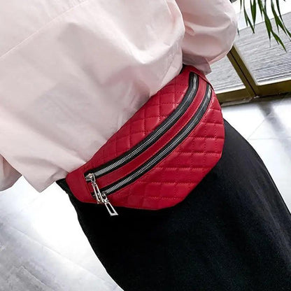 Stevvex red quilted PU leather waist bag with dual zipper pockets on Tampa Home & Garden Store