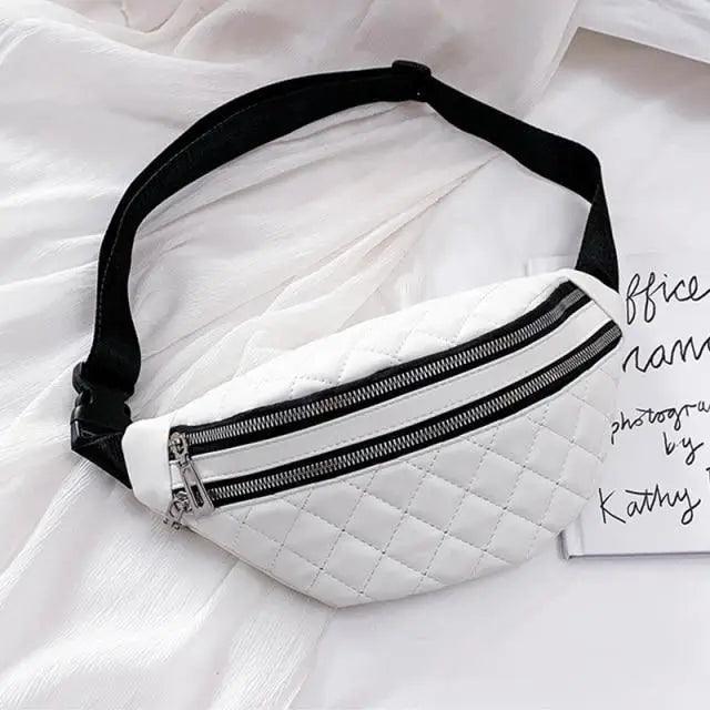 Stevvex white quilted PU leather fanny pack with dual zippers and black strap on Tampa Home & Garden Store