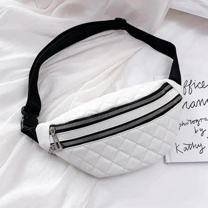 Stevvex white quilted PU leather fanny pack with dual zippers and black strap on Tampa Home & Garden Store