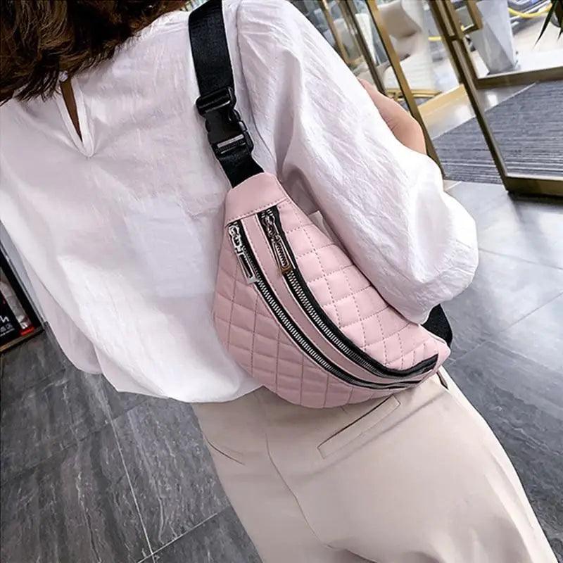 Fanny pack pink quilted PU leather with dual zippers and adjustable strap Stevvex on Tampa Home & Garden Store