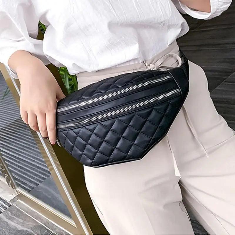 Waist bag Stevvex black PU leather quilted fanny pack with dual zippers on Tampa Home & Garden Store