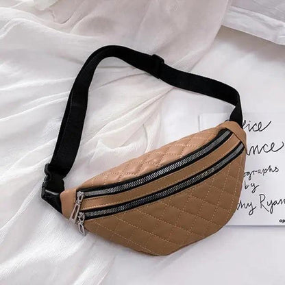 Tan quilted PU leather fanny pack with black adjustable strap and dual zippers Stevvex on Tampa Home & Garden Store