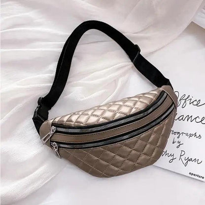 Stevvex quilted beige PU leather fanny pack with twin zippers and black strap on Tampa Home & Garden Store