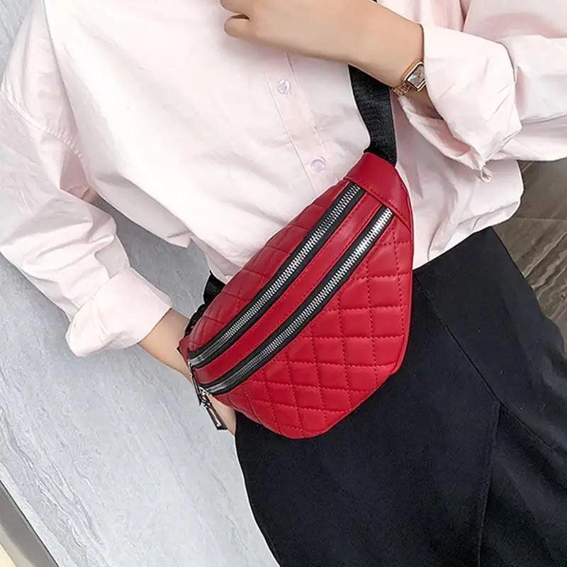 Fanny pack Stevvex red quilted PU leather with dual zippers and adjustable strap on Tampa Home & Garden Store