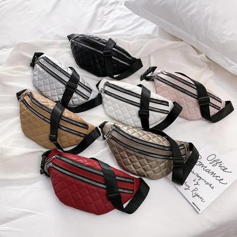 Quilted PU leather waist bag by Stevvex in assorted colors with adjustable strap and dual zippers on Tampa Home & Garden Store