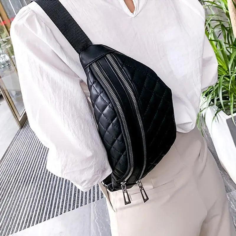 Stevvex luxury black PU leather fanny pack waist bag, quilted design with dual zippers on Tampa Home & Garden Store