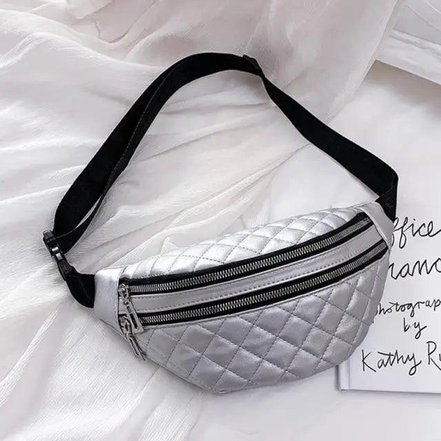 Stevvex waist bag quilted silver PU leather with dual zippers and black strap on Tampa Home & Garden Store