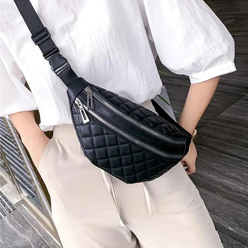 Stevvex waterproof black quilted PU leather fanny pack with dual zippers and crossbody strap on Tampa Home & Garden Store