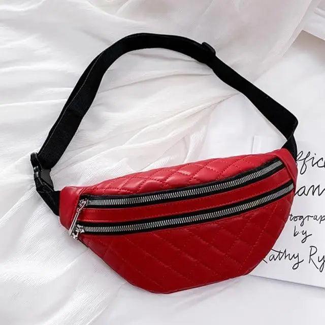 Fanny pack red quilted PU leather with dual zippers and adjustable black strap on Tampa Home & Garden Store