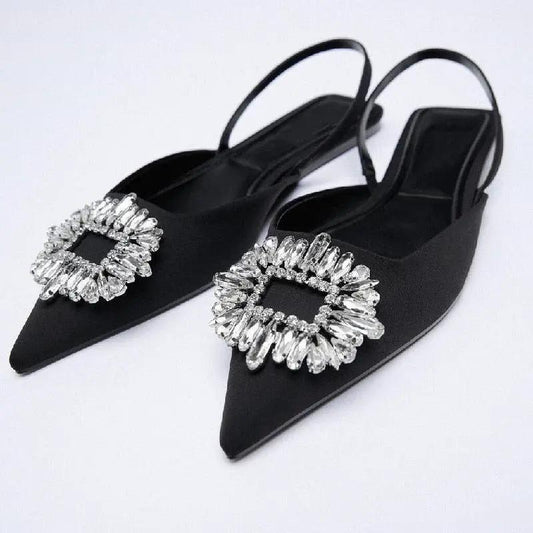 Stevvex black slingback flats pair with pointed toe and large crystal rhinestone square center on Tampa Home & Garden Store