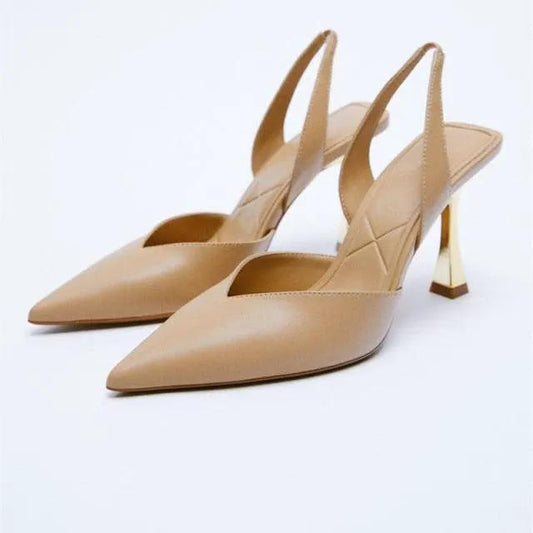 Stevvex beige slingback pointed-toe pumps with a gold-tone heel leather upper on Tampa Home & Garden Store