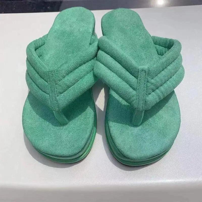 Stevvex green suede sandals with padded quilted straps on Tampa Home & Garden Store