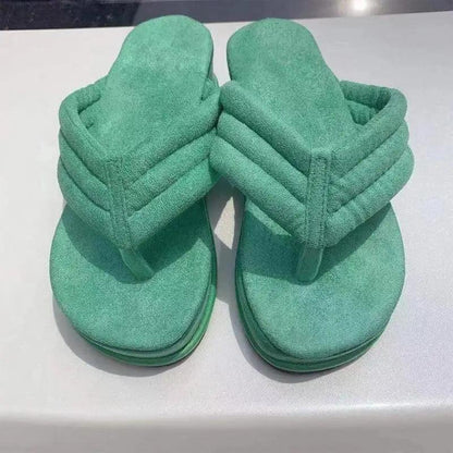 Stevvex green suede sandals with padded quilted straps on Tampa Home & Garden Store