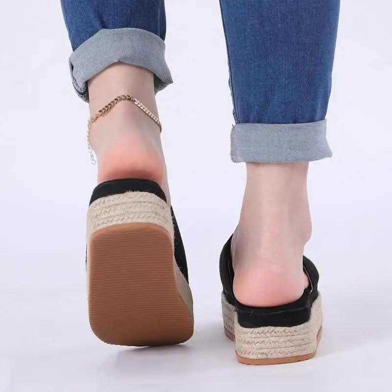 Stevvex black women sandals espadrille wedge with ankle chain, back view on Tampa Home & Garden Store