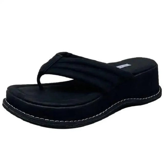 Stevvex ST85234GHJ black wedge sandals with thong strap and cushioned footbed for women on Tampa Home & Garden Store