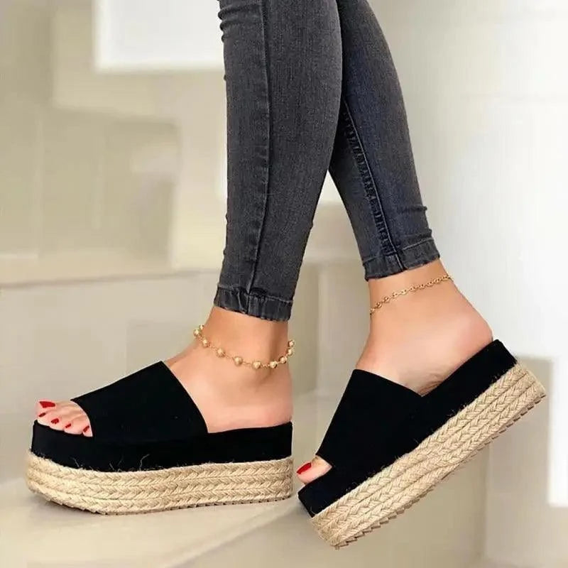 Platform espadrille sandals Stevvex black women's open-toe rope-wrapped sole on Tampa Home & Garden Store