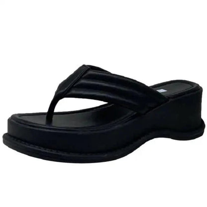 Stevvex women's black platform sandal with wedge heel and thong strap on Tampa Home & Garden Store