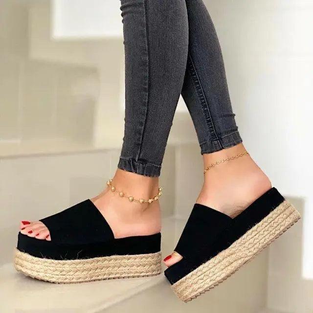 Stevvex ST85234GHJ black platform espadrille sandals with rope-wrapped wedge and open toe on Tampa Home & Garden Store