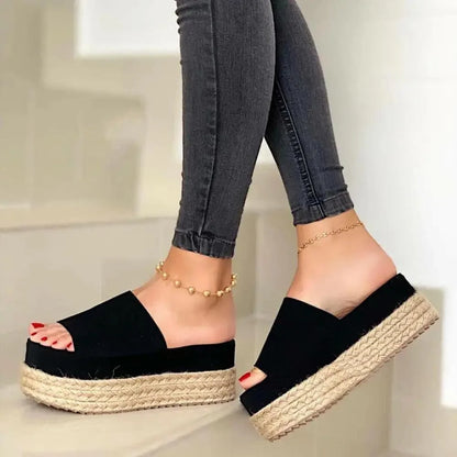 Stevvex wedge espadrille sandals black open-toe rope platform with dark jeans on Tampa Home & Garden Store
