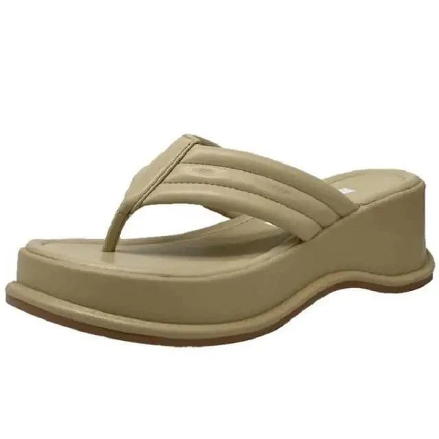 Stevvex ST85234GHJ beige wedge platform sandal with thong-style toe post and padded straps for women on Tampa Home & Garden Store