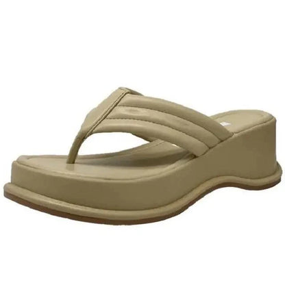 Stevvex ST85234GHJ beige wedge platform sandal with thong-style toe post and padded straps for women on Tampa Home & Garden Store