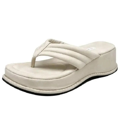Stevvex ST85234GHJ cream platform wedge sandal with padded thong straps on Tampa Home & Garden Store