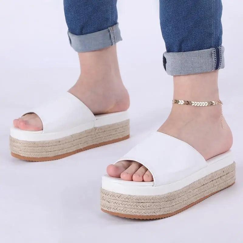 Stevvex white platform sandals open-toe with rope-wrapped wedge and gold ankle chain for women on Tampa Home & Garden Store