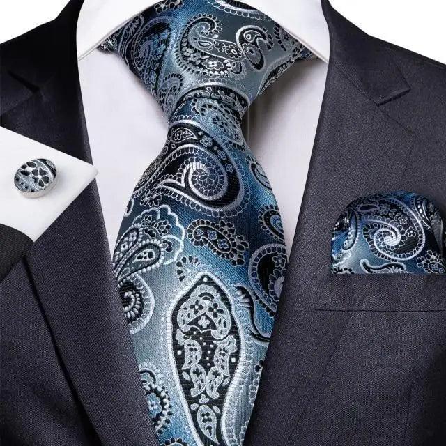 Stevvex blue paisley silk tie set with pocket square and cufflinks on Tampa Home & Garden Store
