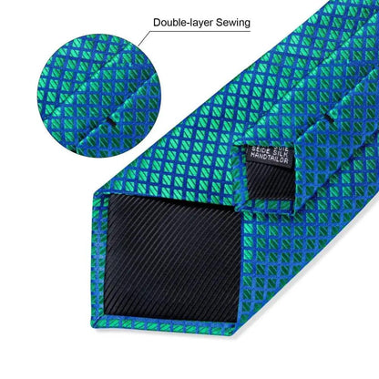Stevvex blue silk tie with green geometric pattern and matching pocket square on Tampa Home & Garden Store