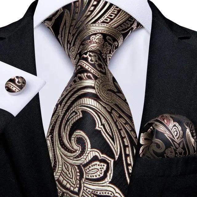 Stevvex luxury silk paisley tie with gold pattern on black suit pocket square and cufflinks on Tampa Home & Garden Store