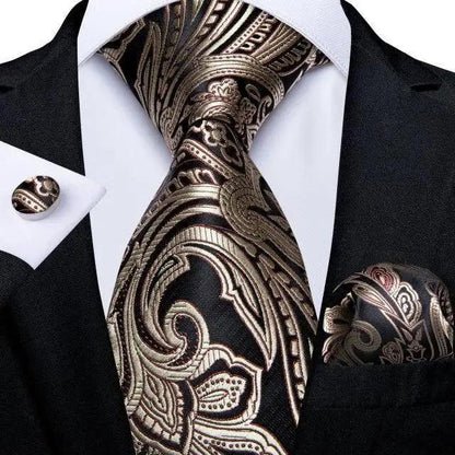 Stevvex luxury silk paisley tie with gold pattern on black suit pocket square and cufflinks on Tampa Home & Garden Store