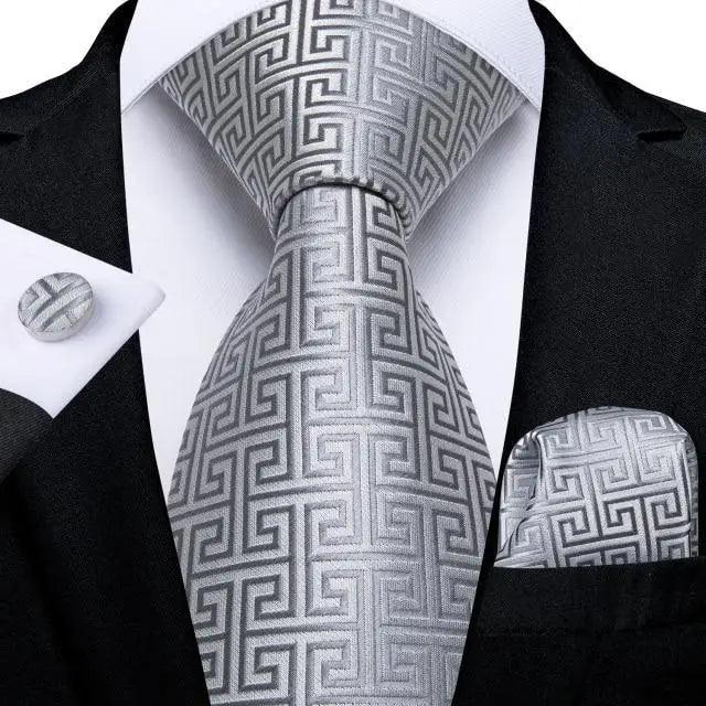 Stevvex men's silk tie with gray geometric pattern and coordinating pocket square cufflinks set on Tampa Home & Garden Store