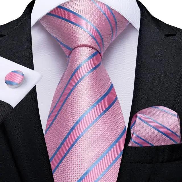 Men's pink silk necktie with blue diagonal stripes; pocket square by Stevvex STIL7459HPEUC on Tampa Home & Garden Store
