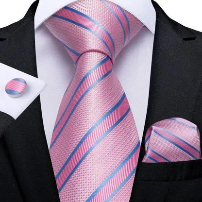 Men's pink silk necktie with blue diagonal stripes; pocket square by Stevvex STIL7459HPEUC on Tampa Home & Garden Store