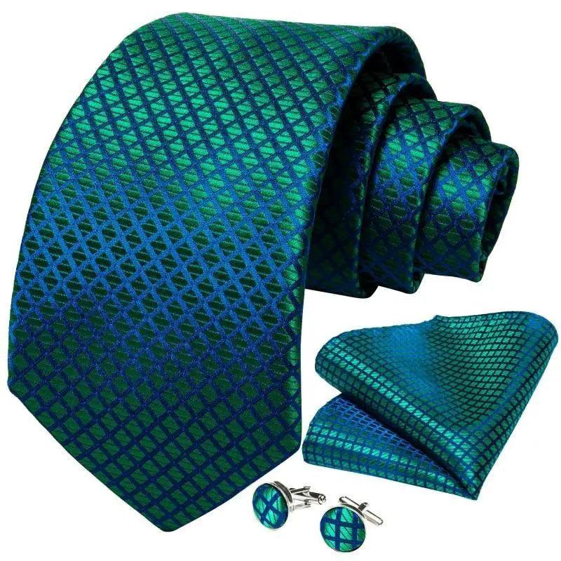 Stevvex blue silk mens necktie set with pocket square and cufflinks in teal lattice pattern on Tampa Home & Garden Store