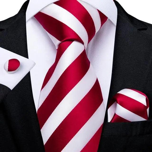 Silk striped tie set with red and white pocket square on black suit on Tampa Home & Garden Store