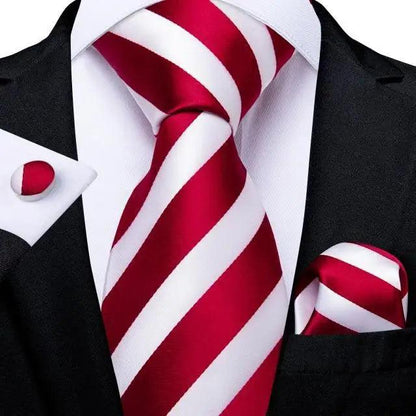 Silk striped tie set with red and white pocket square on black suit on Tampa Home & Garden Store