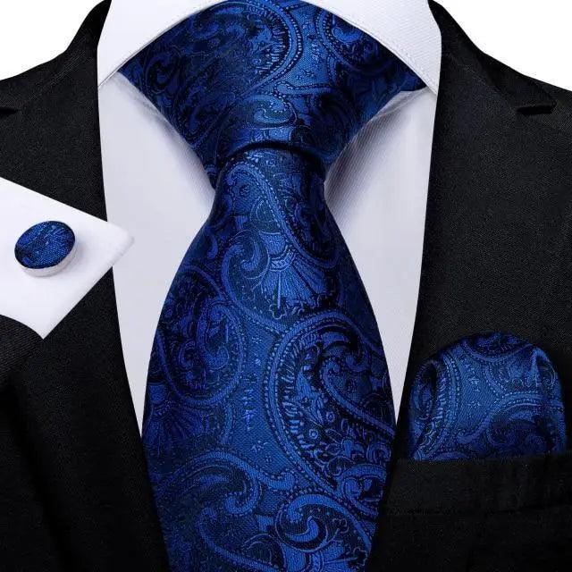 Stevvex blue paisley silk necktie set with pocket square and cufflinks for men on Tampa Home & Garden Store