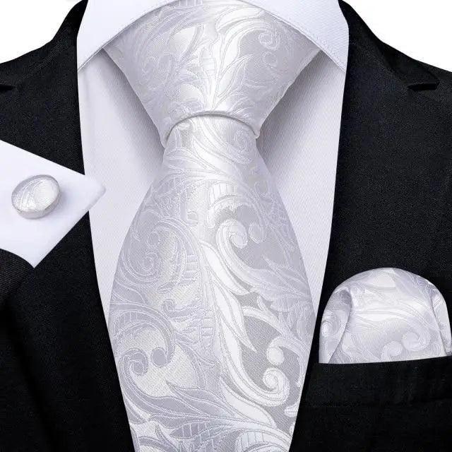 Stevvex silk necktie with silver paisley design, matching pocket square and cufflinks on Tampa Home & Garden Store