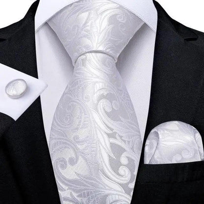Stevvex silk necktie with silver paisley design, matching pocket square and cufflinks on Tampa Home & Garden Store