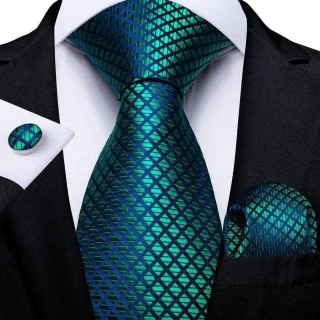 Stevvex blue silk tie set with geometric lattice pattern, matching pocket square and cufflinks on Tampa Home & Garden Store
