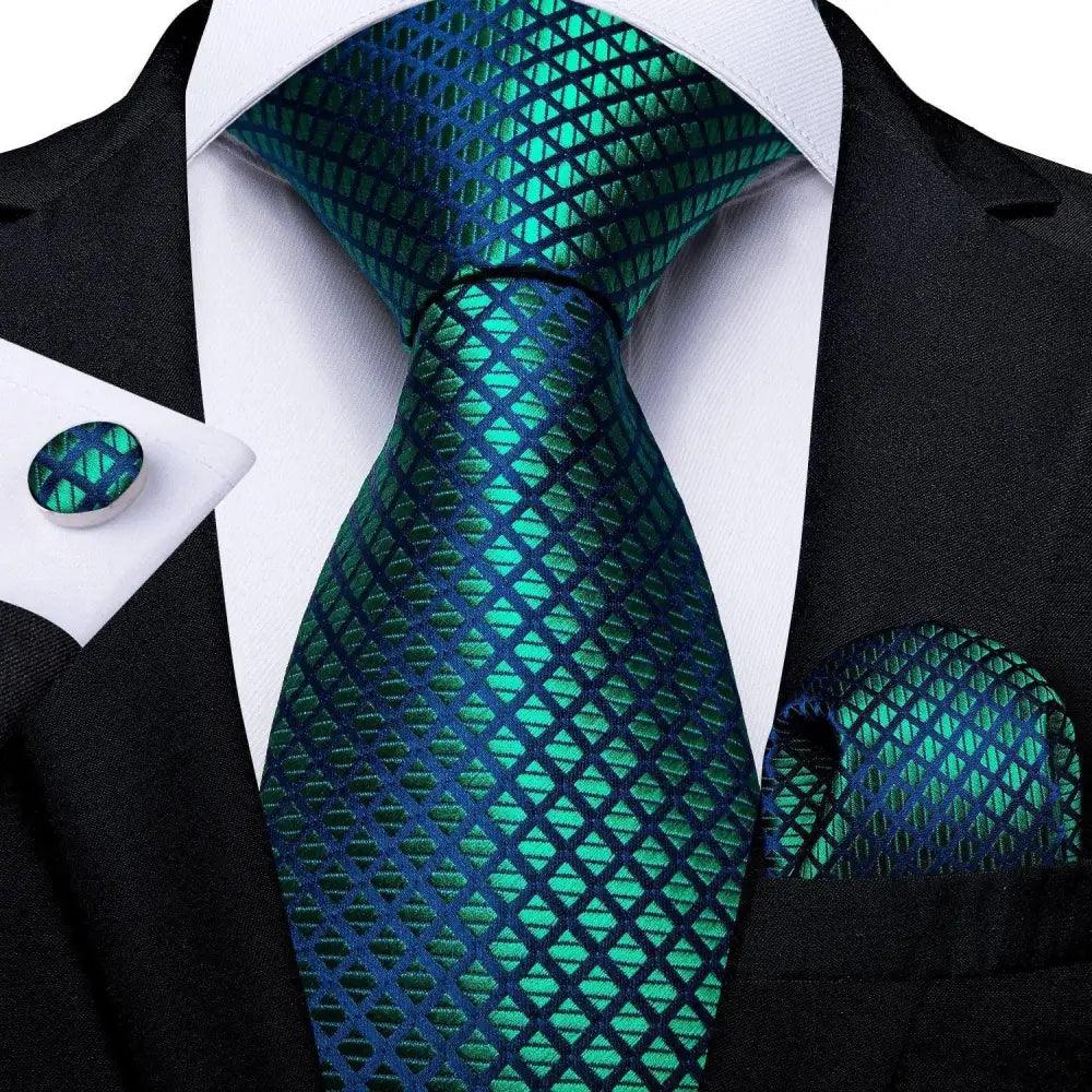 Stevvex luxury blue silk tie set with teal diamond pattern, matching pocket square and cufflinks on Tampa Home & Garden Store