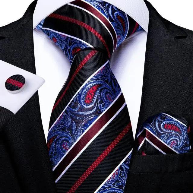 Blue silk tie with paisley and red stripes, matching pocket square in a formal 2-piece set on Tampa Home & Garden Store